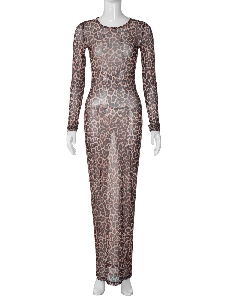 Hugcitar 2024 Leopard Print Mesh Long Sleeve Sexy Slim See Through Maxi Dress Fall Women Fashion Outfits Beach Vacation Club