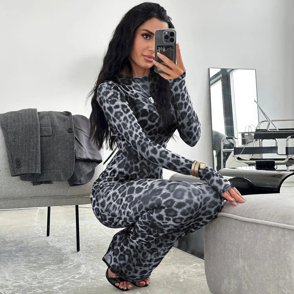 Hugcitar 2024 Leopard Print Mesh Long Sleeve Sexy Slim See Through Maxi Dress Fall Women Fashion Outfits Beach Vacation Club