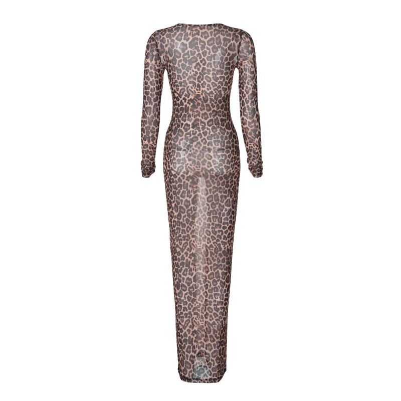 Hugcitar 2024 Leopard Print Mesh Long Sleeve Sexy Slim See Through Maxi Dress Fall Women Fashion Outfits Beach Vacation Club