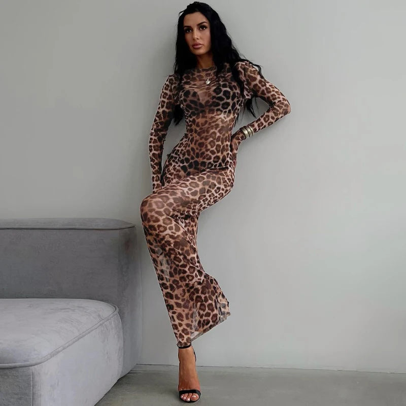 Hugcitar 2024 Leopard Print Mesh Long Sleeve Sexy Slim See Through Maxi Dress Fall Women Fashion Outfits Beach Vacation Club