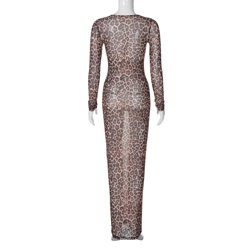 Hugcitar 2024 Leopard Print Mesh Long Sleeve Sexy Slim See Through Maxi Dress Fall Women Fashion Outfits Beach Vacation Club