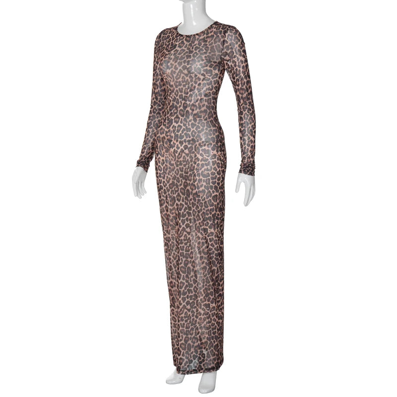Hugcitar 2024 Leopard Print Mesh Long Sleeve Sexy Slim See Through Maxi Dress Fall Women Fashion Outfits Beach Vacation Club