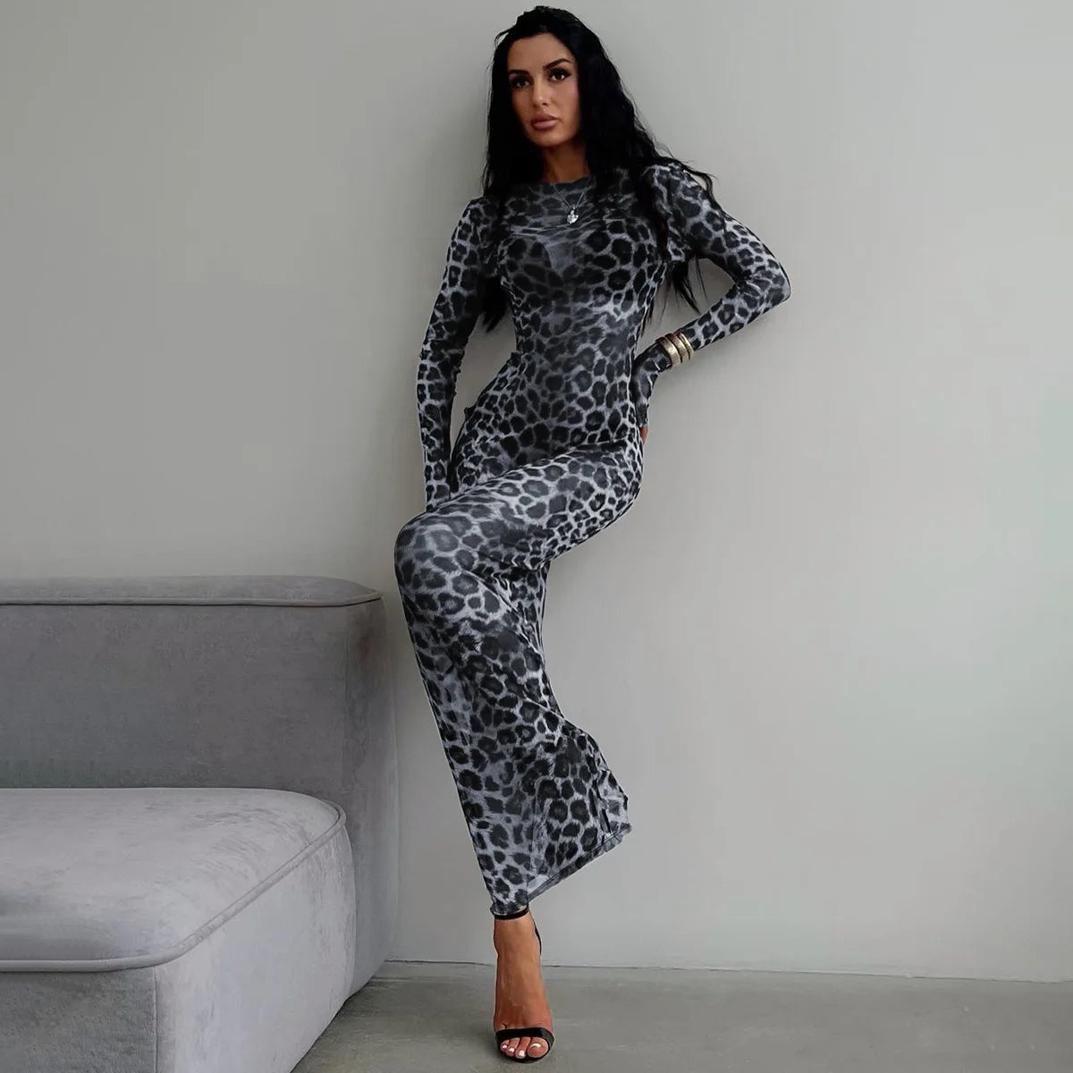 Hugcitar 2024 Leopard Print Mesh Long Sleeve Sexy Slim See Through Maxi Dress Fall Women Fashion Outfits Beach Vacation Club