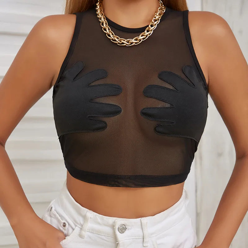 Mesh Patchwork Vest Women Sexy Round Neck Sleeveless Summer Body-Shaping See Through Hipster Crop Tops Lady Tank