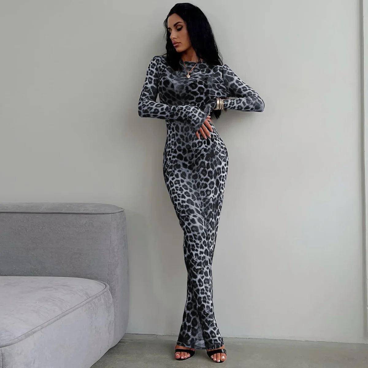 Hugcitar 2024 Leopard Print Mesh Long Sleeve Sexy Slim See Through Maxi Dress Fall Women Fashion Outfits Beach Vacation Club