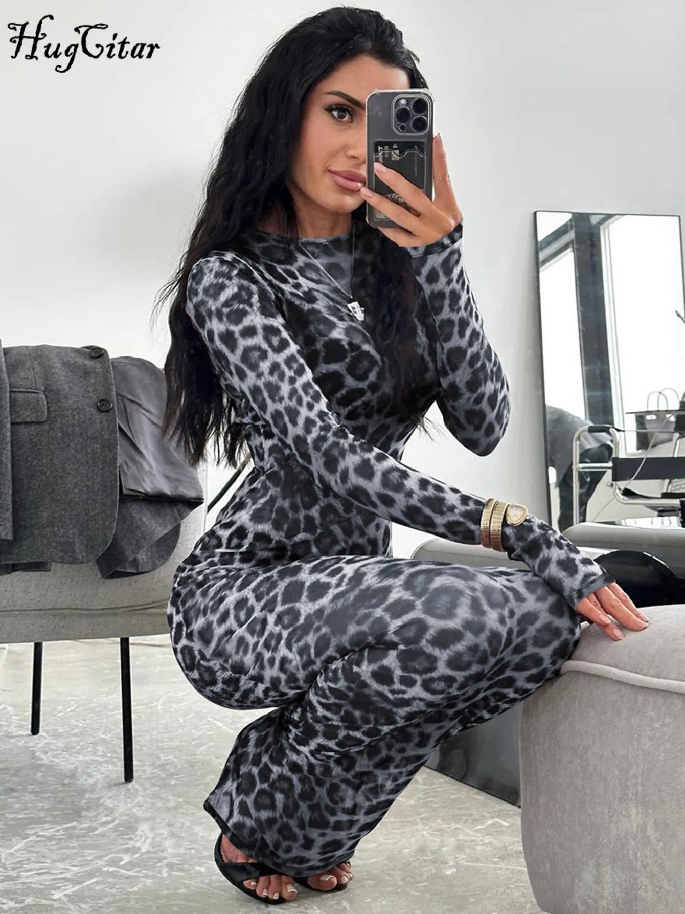 Hugcitar 2024 Leopard Print Mesh Long Sleeve Sexy Slim See Through Maxi Dress Fall Women Fashion Outfits Beach Vacation Club