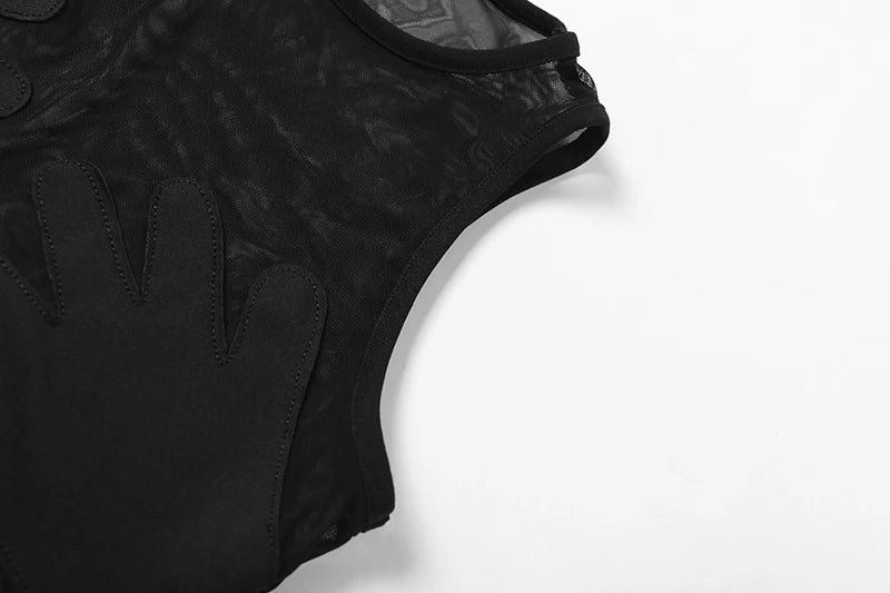 Mesh Patchwork Vest Women Sexy Round Neck Sleeveless Summer Body-Shaping See Through Hipster Crop Tops Lady Tank