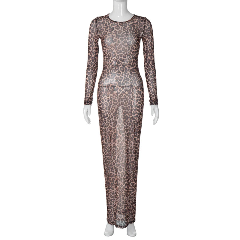 Hugcitar 2024 Leopard Print Mesh Long Sleeve Sexy Slim See Through Maxi Dress Fall Women Fashion Outfits Beach Vacation Club