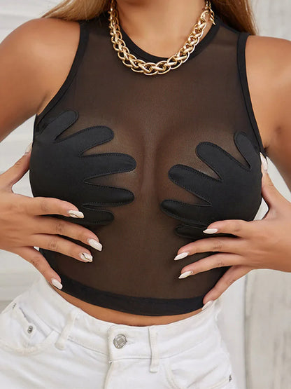 Mesh Patchwork Vest Women Sexy Round Neck Sleeveless Summer Body-Shaping See Through Hipster Crop Tops Lady  Tank