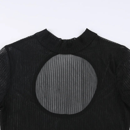 SUCHCUTE Sexy See Though Women T-shirts Gothic Mesh Black Long Sleeve Skinny Bodysuit Dark Fashion Hollow Out Backless Playsuit