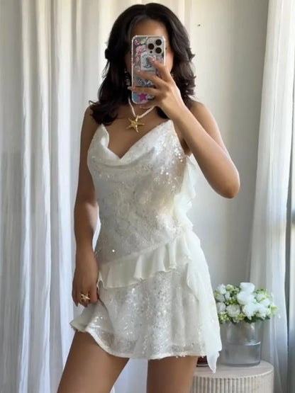 Fashion Glitter Sequin Ruffle Sling Mini Dress For Women Elegant Sleeveless Backless Short Suspender Dress Summer Party Vestidos