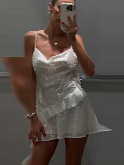 Fashion Glitter Sequin Ruffle Sling Mini Dress For Women Elegant Sleeveless Backless Short Suspender Dress Summer Party Vestidos