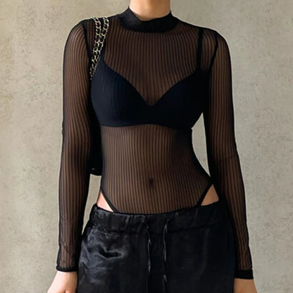 SUCHCUTE Sexy See Though Women T-shirts Gothic Mesh Black Long Sleeve Skinny Bodysuit Dark Fashion Hollow Out Backless Playsuit