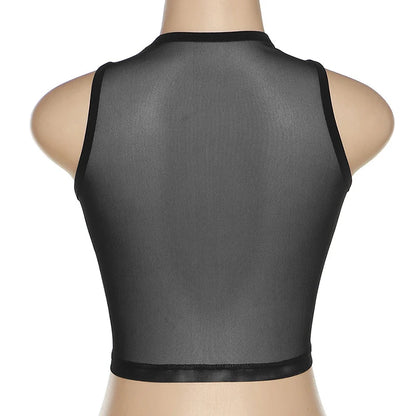 Women Summer Black Mesh See Through Palm Touch The Chest Tank Top 2025 Sexy Clubwear Streetwear Crop Tops Round Neck Clothing