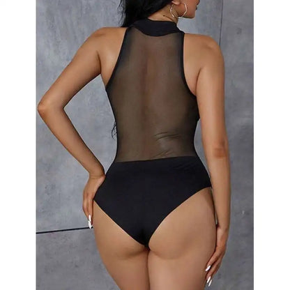 European and American summer new women's sexy see through mesh T-shirt with contrasting color splicing slim fit jumpsuit