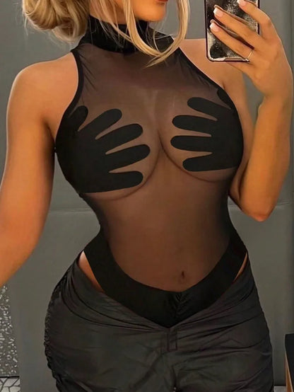 European and American summer new women's sexy see through mesh T-shirt with contrasting color splicing slim fit jumpsuit