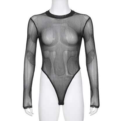 SUCHCUTE Sexy See Though Women T-shirts Gothic Mesh Black Long Sleeve Skinny Bodysuit Dark Fashion Hollow Out Backless Playsuit