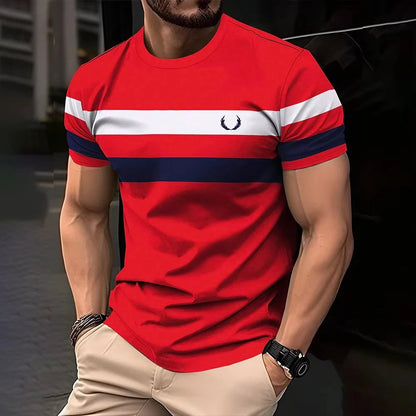 Simple casual printed striped men's T-shirt fashionable street men's summer top short sleeved loose oversized T-shirt