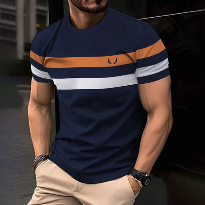 Simple casual printed striped men's T-shirt fashionable street men's summer top short sleeved loose oversized T-shirt