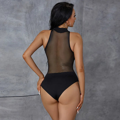 BornToGirl Sexy Bodysuit Women Black Bodycon Round Neck One Pieces Solid Slim Mesh Bodysuits Overalls Tops Body Suit Y2K