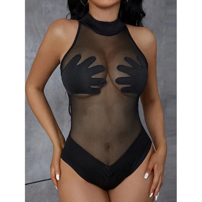 European and American summer new women's sexy see through mesh T-shirt with contrasting color splicing slim fit jumpsuit
