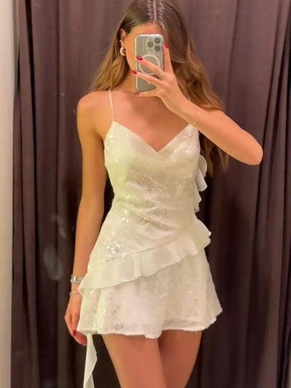 Fashion Glitter Sequin Ruffle Sling Mini Dress For Women Elegant Sleeveless Backless Short Suspender Dress Summer Party Vestidos