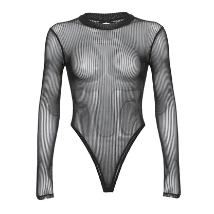 SUCHCUTE Sexy See Though Women T-shirts Gothic Mesh Black Long Sleeve Skinny Bodysuit Dark Fashion Hollow Out Backless Playsuit