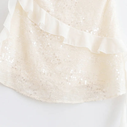 Fashion Glitter Sequin Ruffle Sling Mini Dress For Women Elegant Sleeveless Backless Short Suspender Dress Summer Party Vestidos