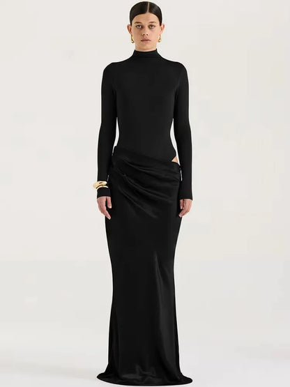 JULISSA MO Satin Sexy Hollow Out Women Maxi Dress Black Sleeveless High Waist Dress Female Autumn Skinny Elegant Party Clubwear