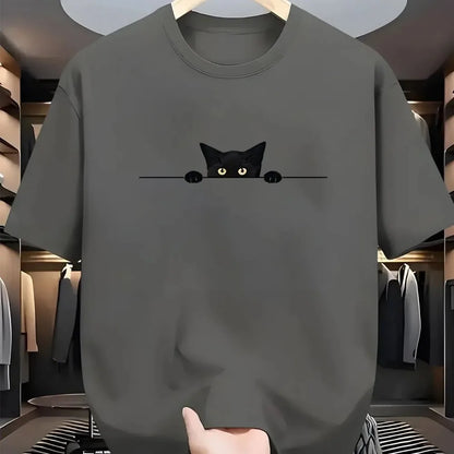 New Men's Summer Fashionable, Casual, Comfortable, Breathable Round Neck T-shirt with Kitten Pattern Printed Outdoor Street Top