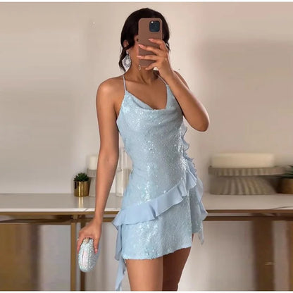 Fashion Glitter Sequin Ruffle Sling Mini Dress For Women Elegant Sleeveless Backless Short Suspender Dress Summer Party Vestidos