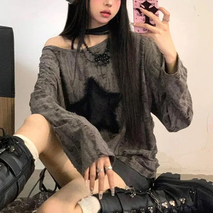 Y2K Hole Star Print T-Shirt Women Fashion Streetwear Off Shoulder Tops Summer Oversized Kpop Long Sleeve Loose Tees Ladies New