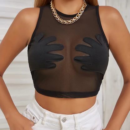 Mesh Patchwork Vest Women Sexy Round Neck Sleeveless Summer Body-Shaping See Through Hipster Crop Tops Lady  Tank