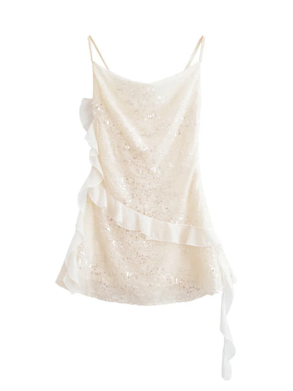 Fashion Glitter Sequin Ruffle Sling Mini Dress For Women Elegant Sleeveless Backless Short Suspender Dress Summer Party Vestidos