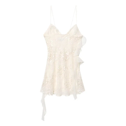 Fashion Glitter Sequin Ruffle Sling Mini Dress For Women Elegant Sleeveless Backless Short Suspender Dress Summer Party Vestidos