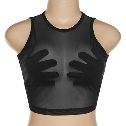 Women Summer Black Mesh See Through Palm Touch The Chest Tank Top 2025 Sexy Clubwear Streetwear Crop Tops Round Neck Clothing
