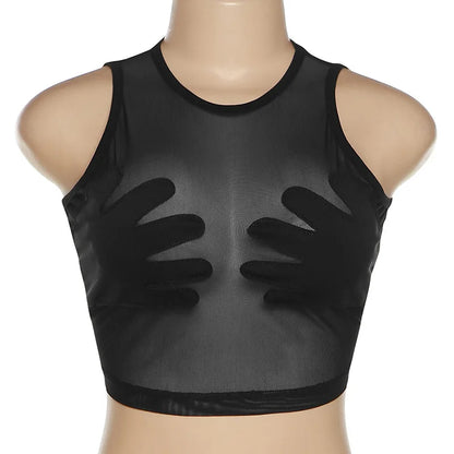 Mesh Patchwork Vest Women Sexy Round Neck Sleeveless Summer Body-Shaping See Through Hipster Crop Tops Lady  Tank