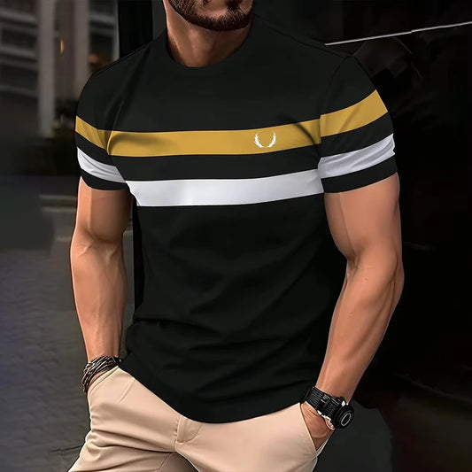 Simple casual printed striped men's T-shirt fashionable street men's summer top short sleeved loose oversized T-shirt