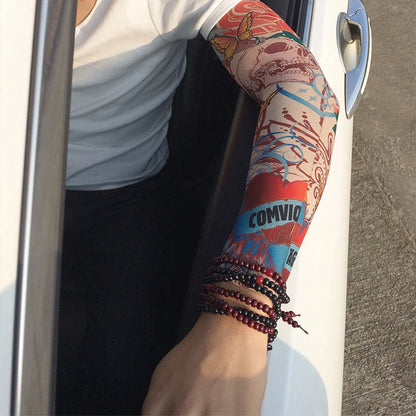 1PCS Men Long Fake Warmers Summer Tattoo Sleeves Sun Protection Cover Outdoor Gloves Driving Ice Silk Arm Sleeves Women